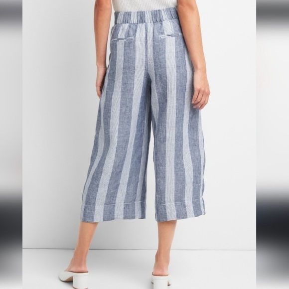 GAP Hi Rise Stripe Cropped Wide Leg Linen‎ Pants Lagenlook Vacation Clean Blue - Picture 11 of 11